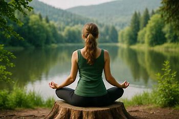 Alleinreisende Frau macht Yoga am See im Bayerischen Wald